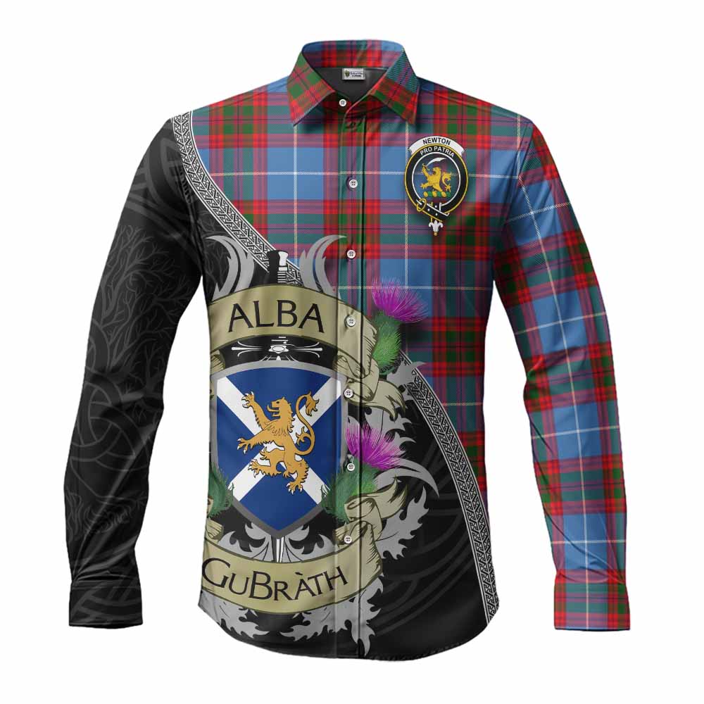 Newton Tartan Family Crest Long Sleeve Button Shirt Lion Rampant Royal Thistle Shield Celtic Inspired Men's Shirt S - Tartan Vibes Clothing