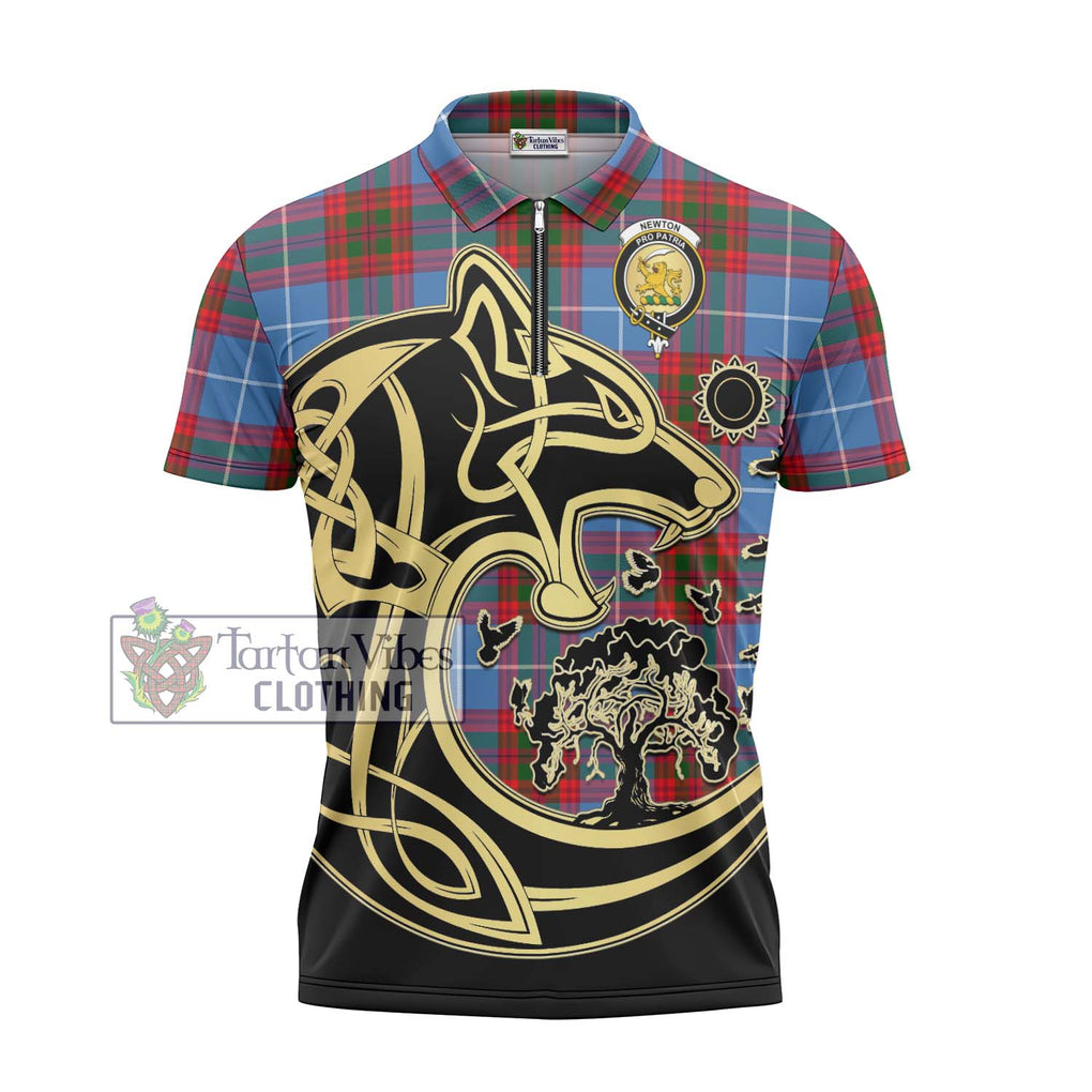 Newton Tartan Zipper Polo Shirt with Family Crest Celtic Wolf Style - Tartan Vibes Clothing