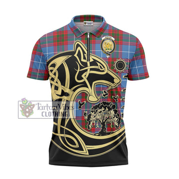Newton Tartan Zipper Polo Shirt with Family Crest Celtic Wolf Style - Tartan Vibes Clothing