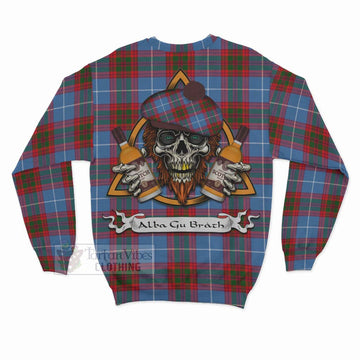 Newton Tartan Sweatshirt with Family Crest and Bearded Skull Holding Bottles of Whiskey - Tartan Vibes Clothing