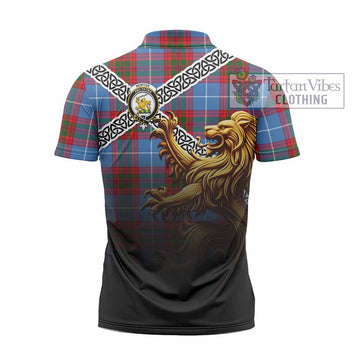 Newton Crest Tartan Zipper Polo Shirt with Golden Lion Emblem Celtic Style - Tartan Vibes Clothing