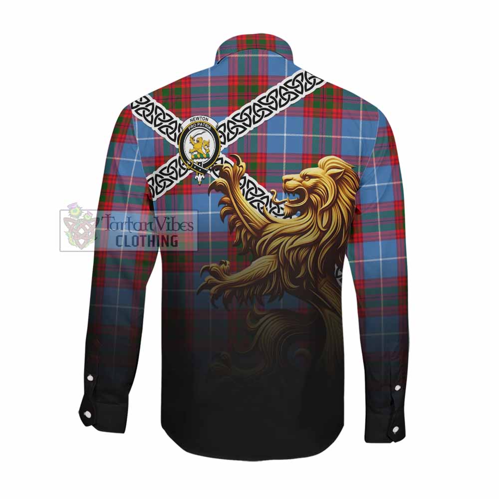 Newton Crest Tartan Long Sleeve Button Shirt with Golden Lion Emblem Celtic Style Men's Shirt - Tartan Vibes Clothing
