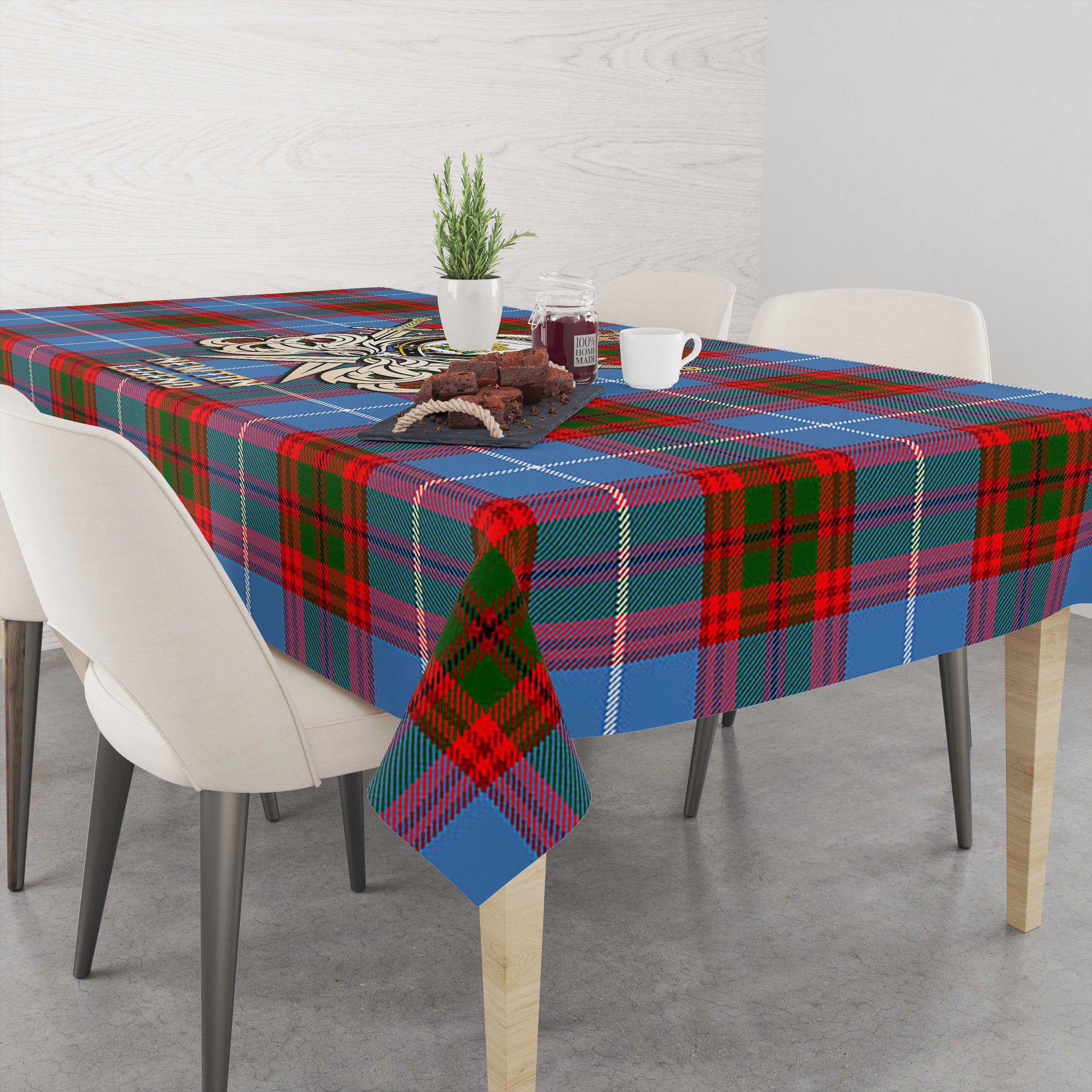 Tartan Vibes Clothing Newton Tartan Tablecloth with Clan Crest and the Golden Sword of Courageous Legacy