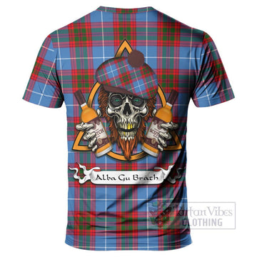 Newton Tartan T-Shirt with Family Crest and Bearded Skull Holding Bottles of Whiskey - Tartan Vibes Clothing