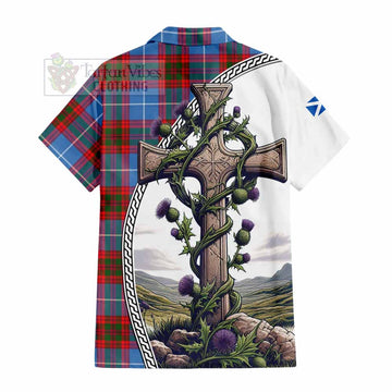 Newton Tartan Hawaiian Shirt with Family Crest and St. Andrew's Cross Accented by Thistle Vines - Tartan Vibes Clothing