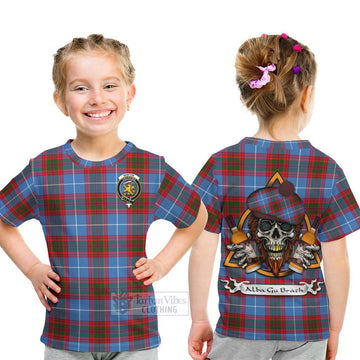 Newton Tartan Kid T-Shirt with Family Crest and Bearded Skull Holding Bottles of Whiskey - Tartan Vibes Clothing