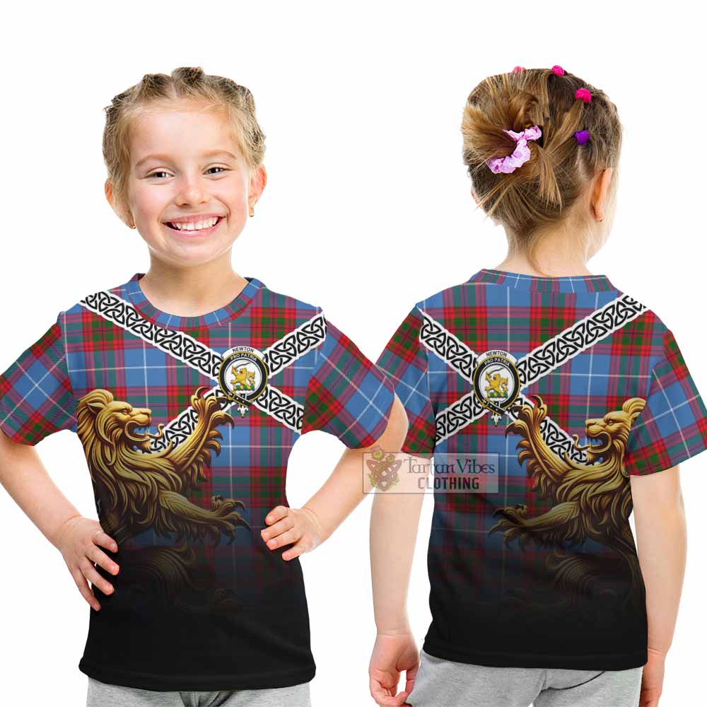 Newton Crest Tartan Kid T-Shirt with Golden Lion Emblem Celtic Style - Tartan Vibes Clothing