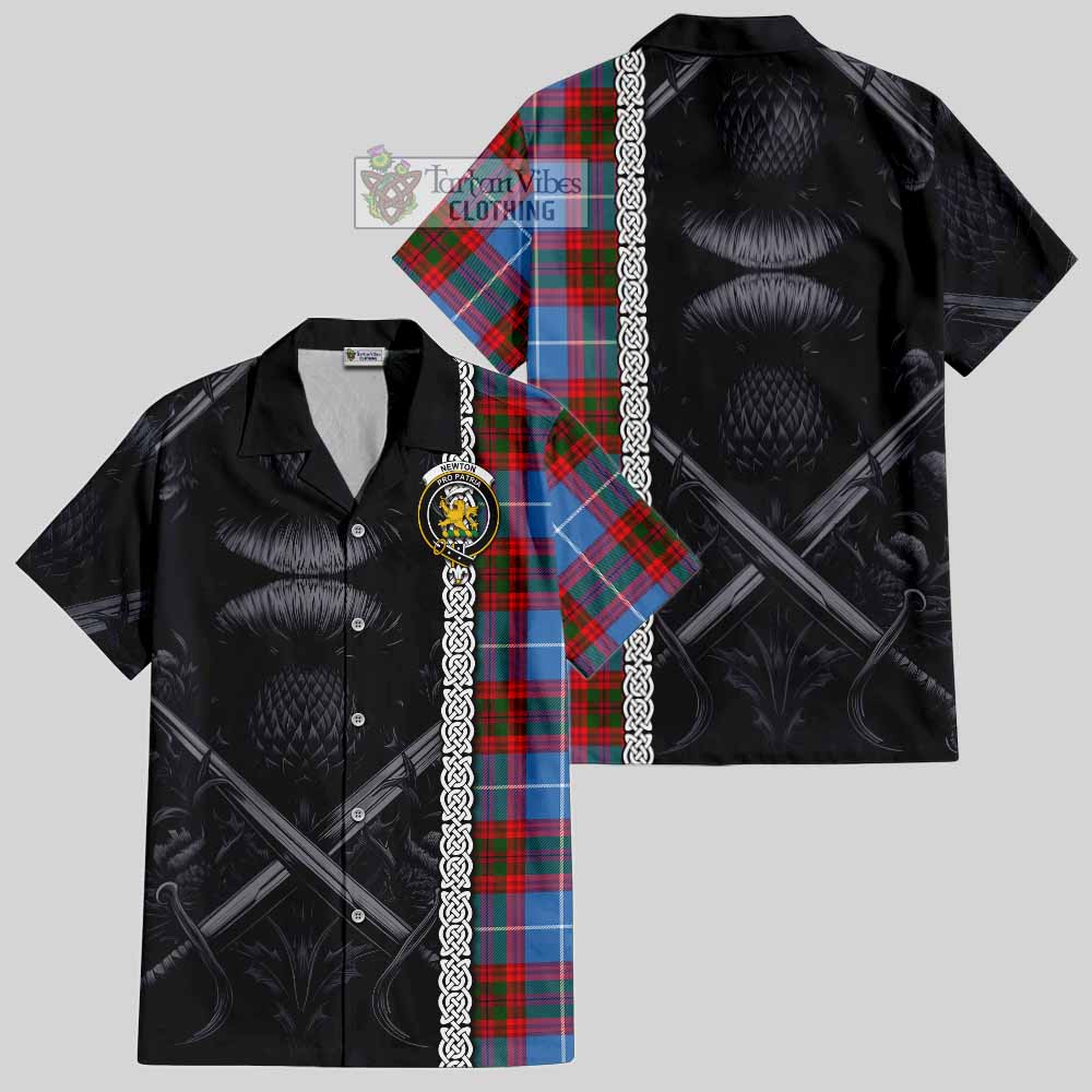 Newton Tartan Hawaiian Shirt with Family Crest Cross Sword Thistle Celtic Vibes - Tartan Vibes Clothing