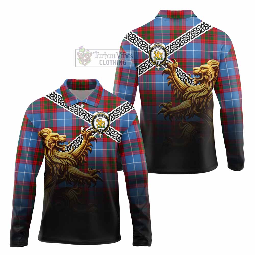 Newton Crest Tartan Long Sleeve Polo Shirt with Golden Lion Emblem Celtic Style - Tartan Vibes Clothing