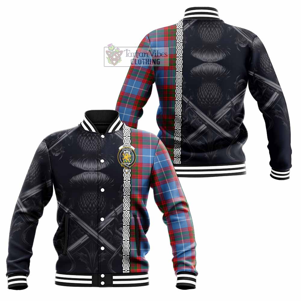 Newton Tartan Baseball Jacket with Family Crest Cross Sword Thistle Celtic Vibes - Tartan Vibes Clothing