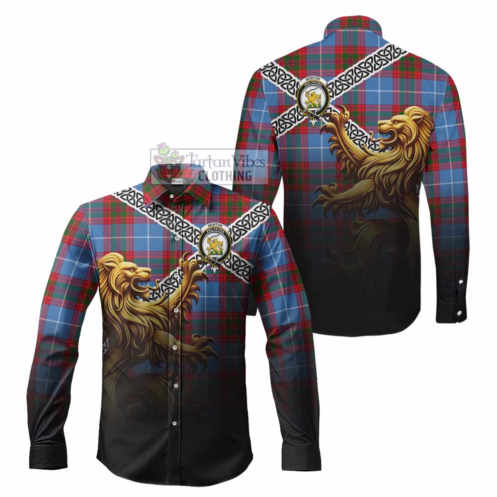 Newton Crest Tartan Long Sleeve Button Shirt with Golden Lion Emblem Celtic Style - Tartan Vibes Clothing