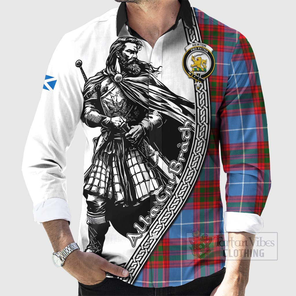 Newton Tartan Clan Crest Long Sleeve Button Shirt with Highlander Warrior Celtic Style - Tartan Vibes Clothing