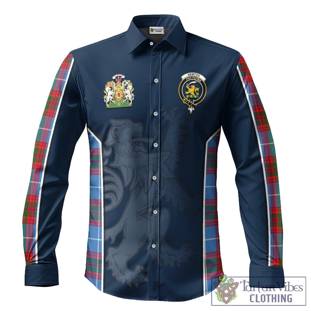 Newton Tartan Long Sleeve Button Up Shirt with Family Crest and Lion Rampant Vibes Sport Style