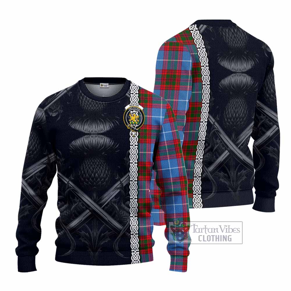 Newton Tartan Knitted Sweater with Family Crest Cross Sword Thistle Celtic Vibes - Tartan Vibes Clothing