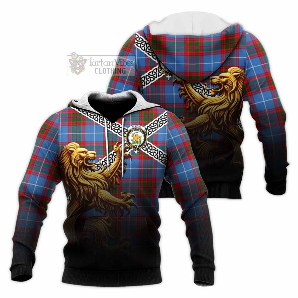 Tartan Vibes Clothing Newton Crest Tartan Knitted Hoodie with Golden Lion Emblem Celtic Style