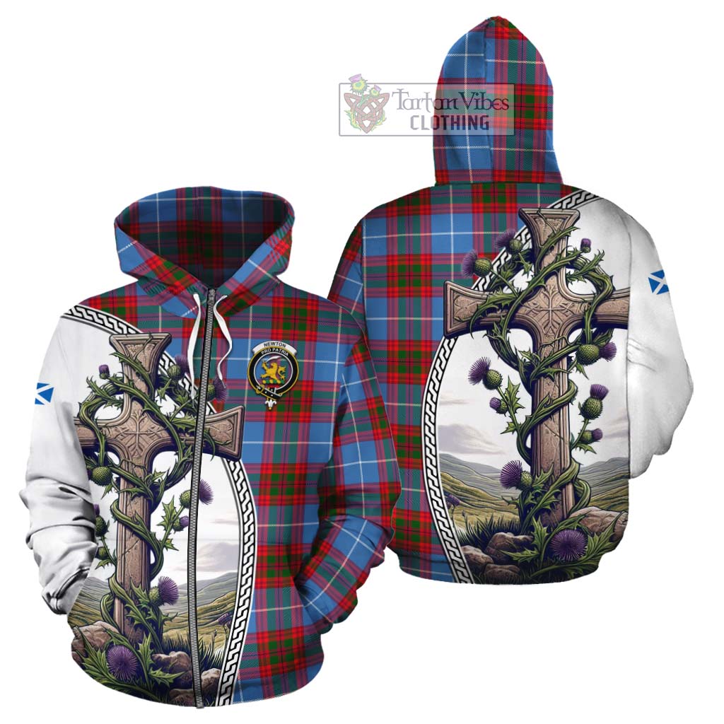 Tartan Vibes Clothing Newton Tartan Cotton Hoodie with Family Crest and St. Andrew's Cross Accented by Thistle Vines