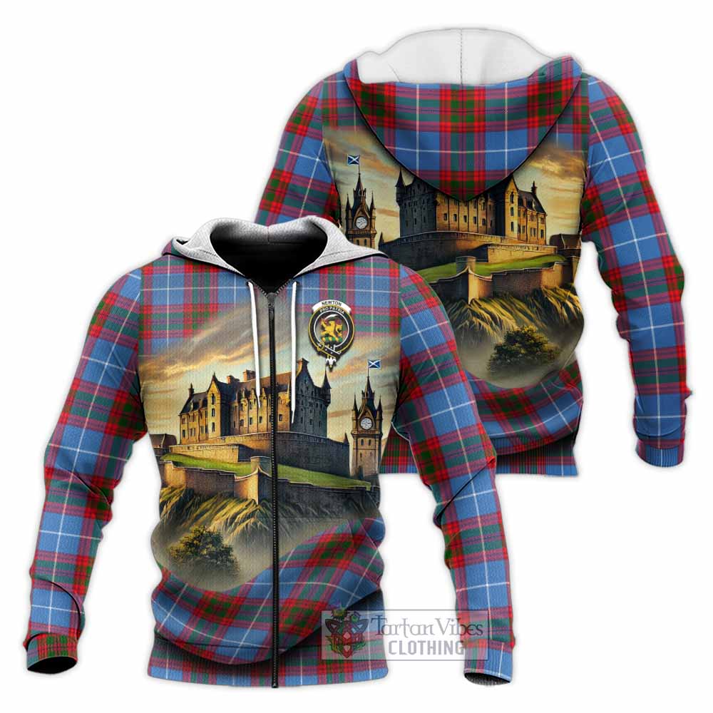 Tartan Vibes Clothing Newton Tartan Family Crest Knitted Hoodie with Scottish Ancient Castle Style