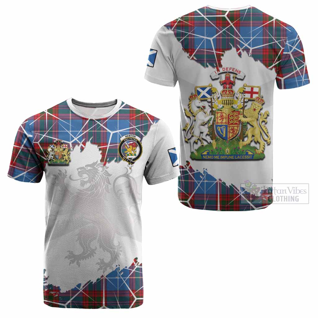 Newton Tartan Cotton T-shirt with Family Crest and Lion Rampant Grunge Style