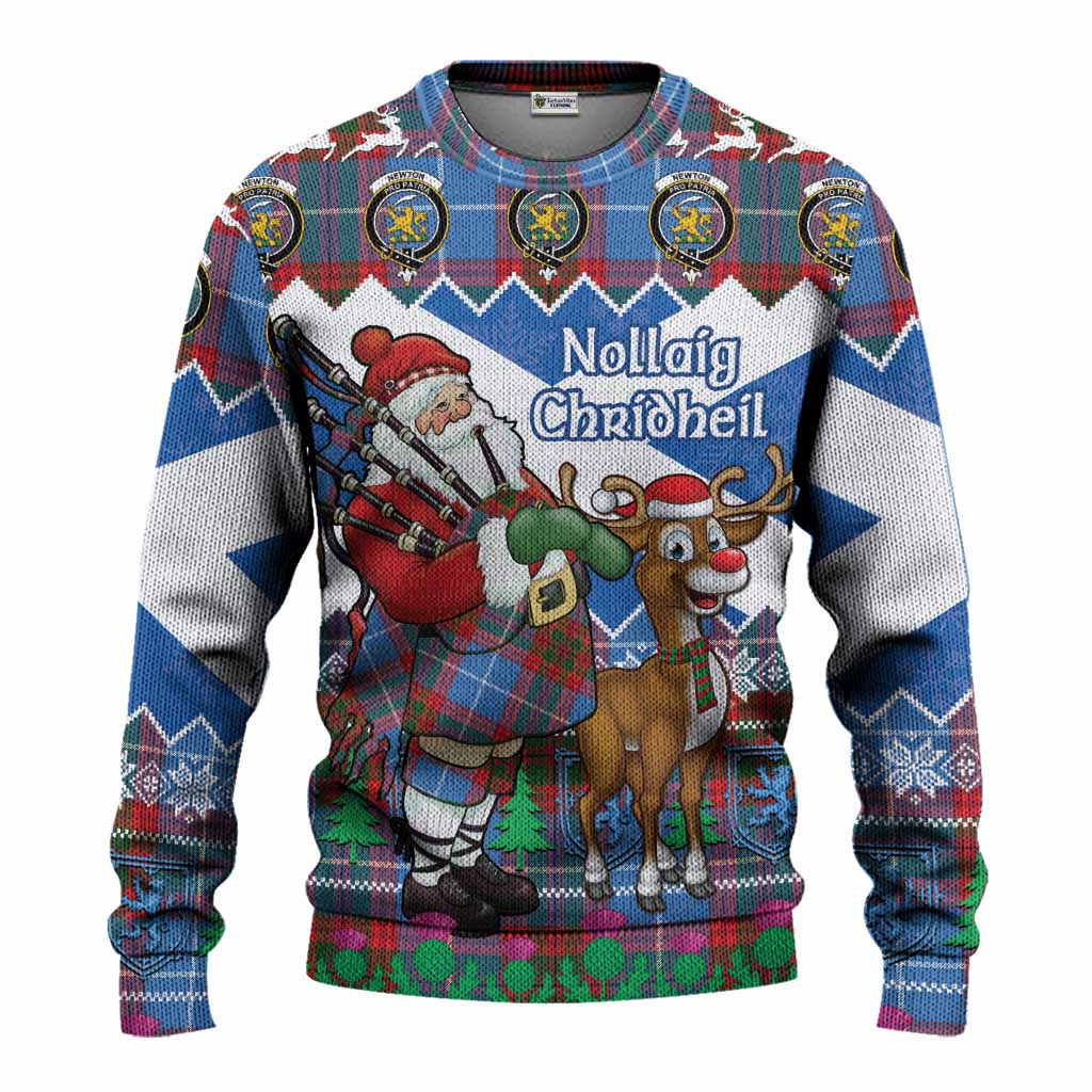Newton Tartan Crest Christmas Christmas Ugly Sweater Scotland Santa With Bagpipes Cute Reindeer