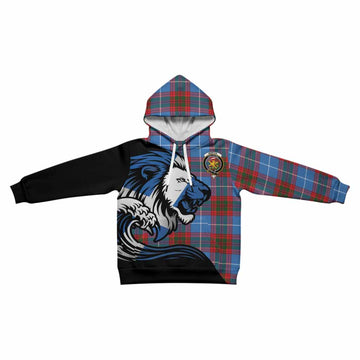 Newton Tartan Crest Kid Hoodie Scottish Golden Lions Wave Flow
