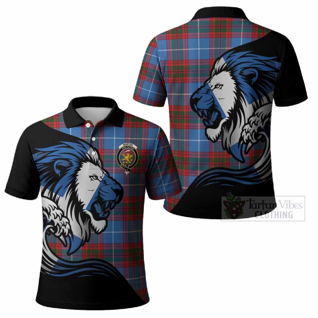 Newton Tartan Crest Polo Shirt Scottish Golden Lions Wave Flow
