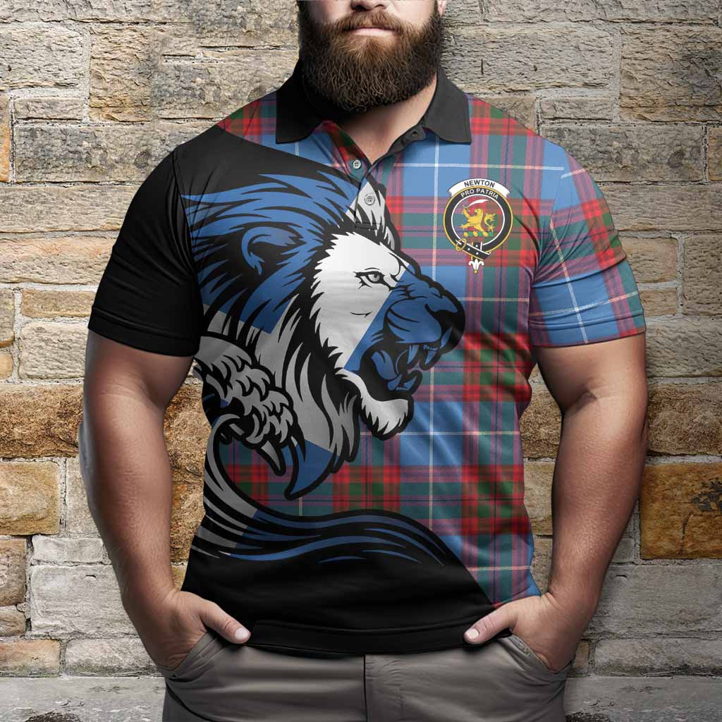 Newton Tartan Crest Polo Shirt Scottish Golden Lions Wave Flow
