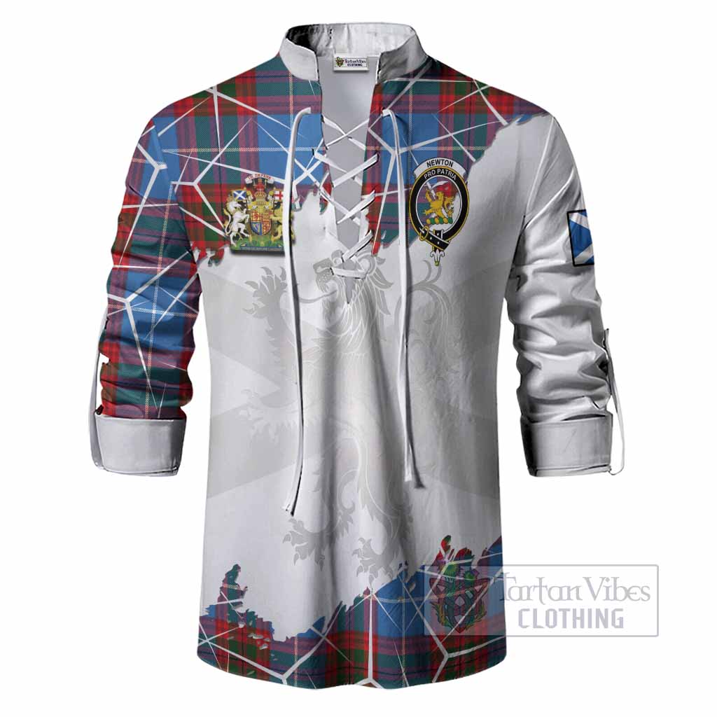 Newton Tartan Ghillie Shirt with Family Crest and Lion Rampant Grunge Style