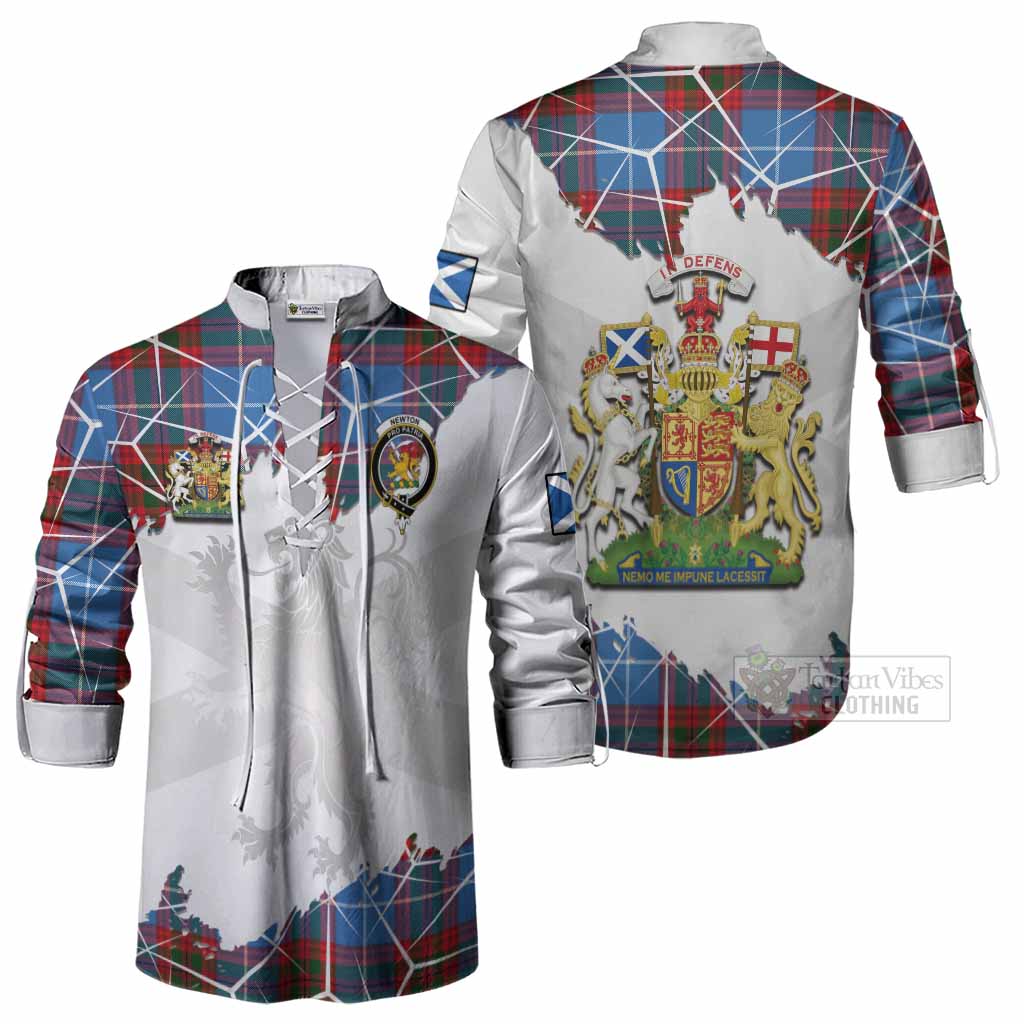 Newton Tartan Ghillie Shirt with Family Crest and Lion Rampant Grunge Style