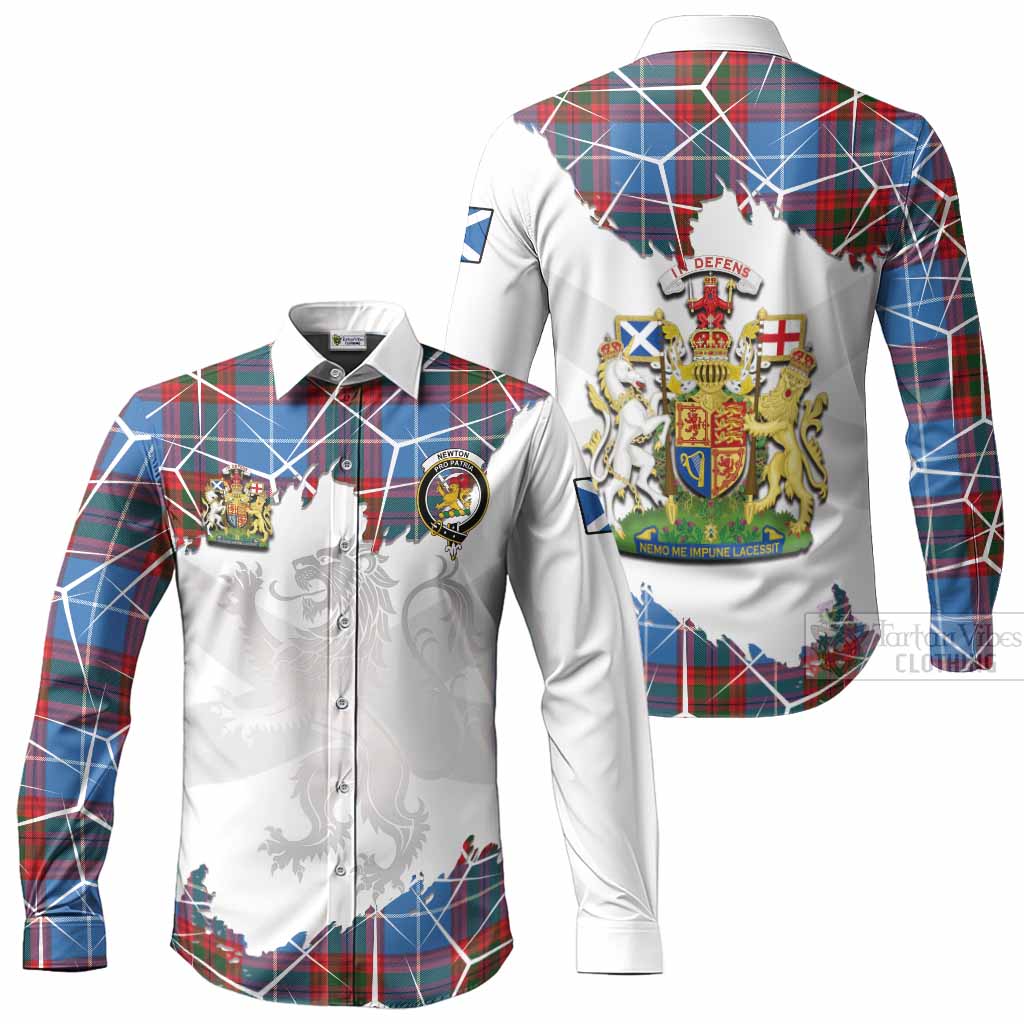 Newton Tartan Long Sleeve Button Shirts with Family Crest and Lion Rampant Grunge Style