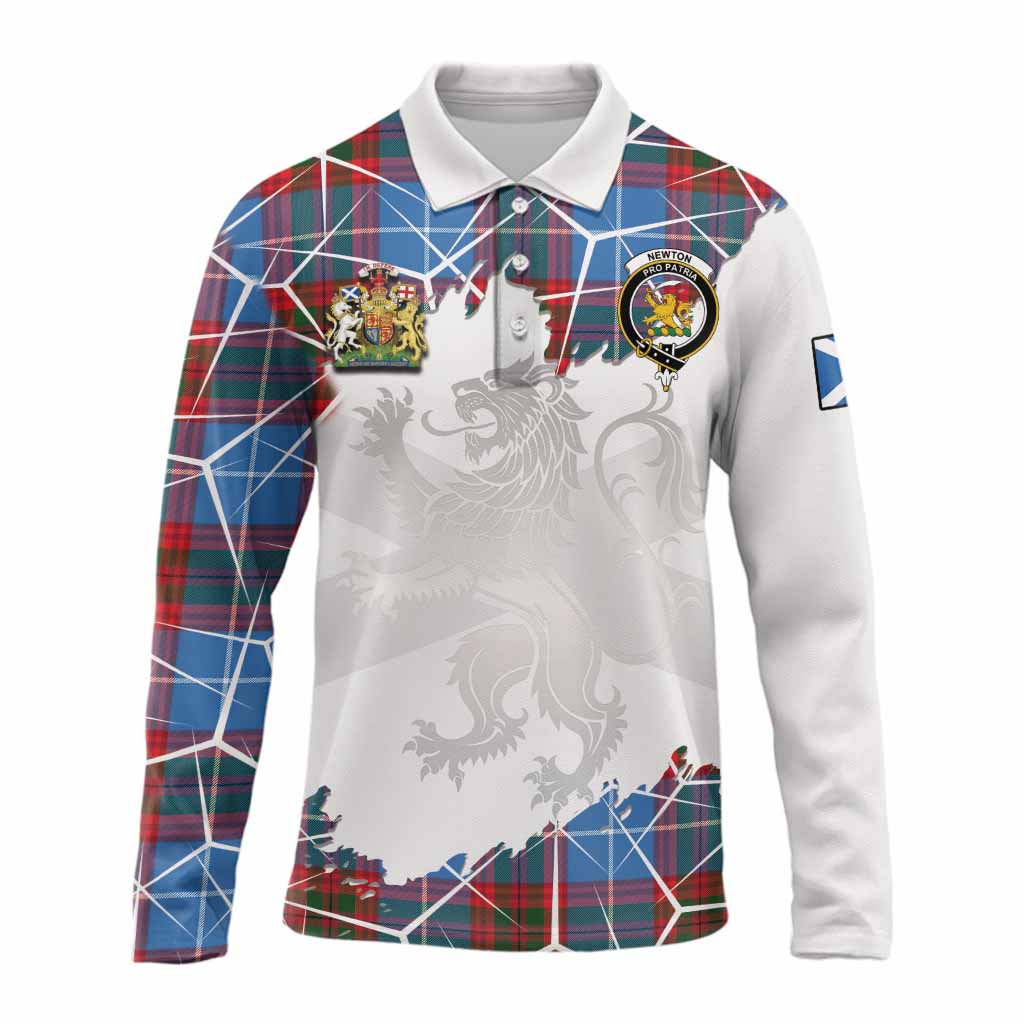 Newton Tartan Long Sleeve Polo Shirt with Family Crest and Lion Rampant Grunge Style