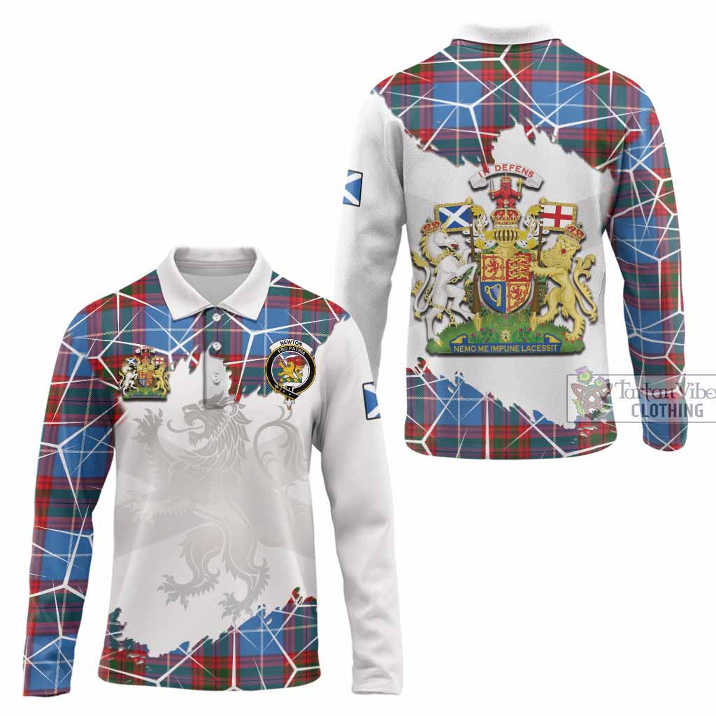 Newton Tartan Long Sleeve Polo Shirt with Family Crest and Lion Rampant Grunge Style