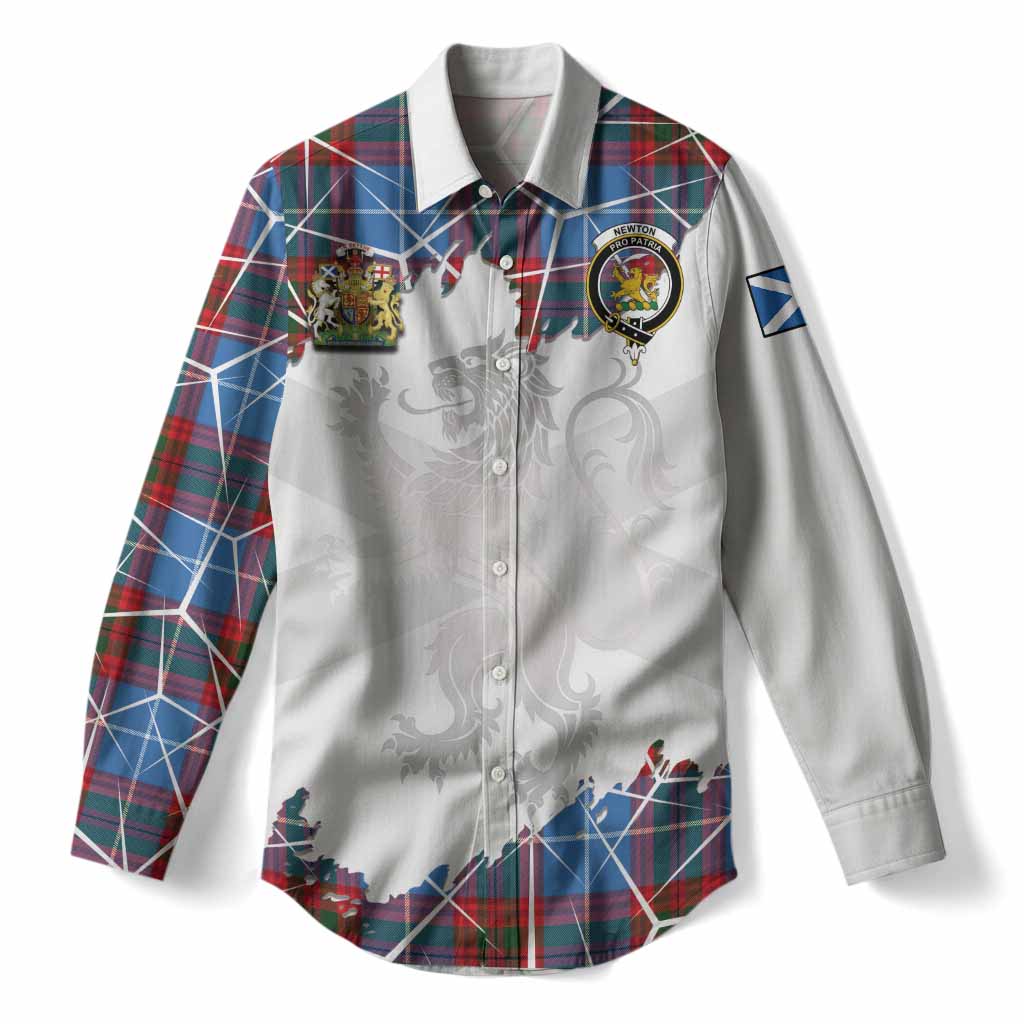 Newton Tartan Women Casual Shirt with Family Crest and Lion Rampant Grunge Style
