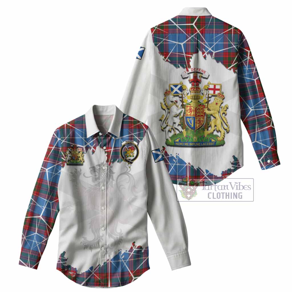 Newton Tartan Women Casual Shirt with Family Crest and Lion Rampant Grunge Style