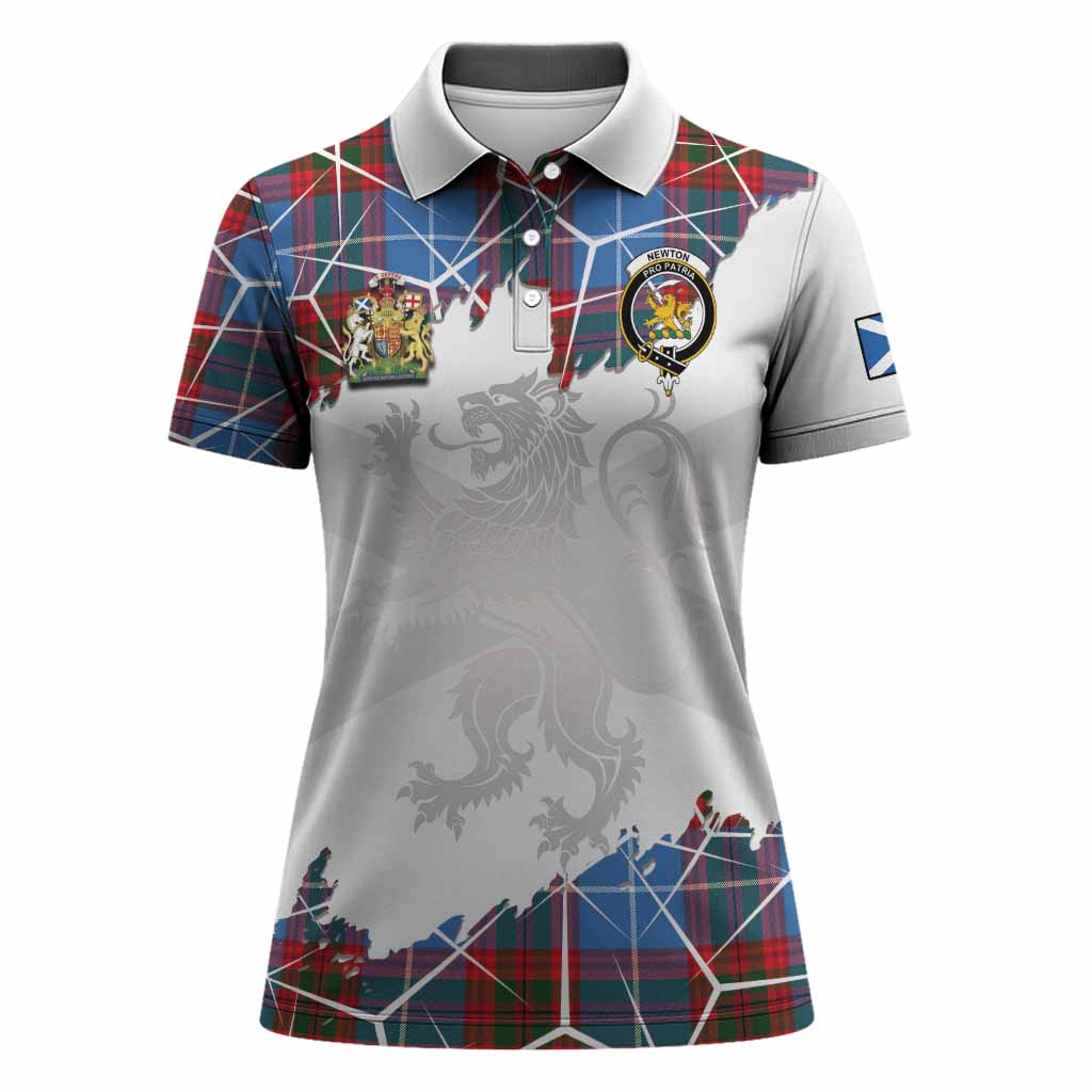 Newton Tartan Women Polo Shirt with Family Crest and Lion Rampant Grunge Style