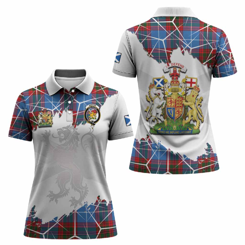 Newton Tartan Women Polo Shirt with Family Crest and Lion Rampant Grunge Style