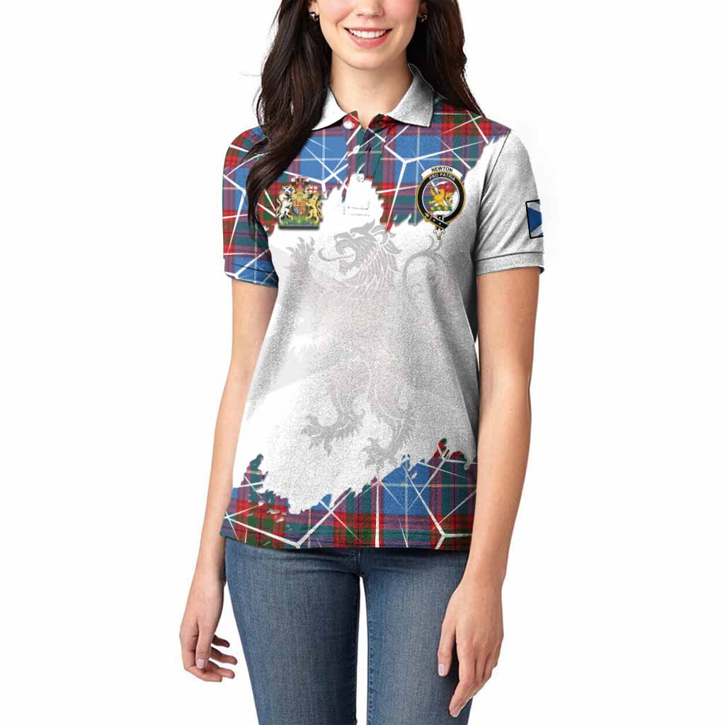 Newton Tartan Women Polo Shirt with Family Crest and Lion Rampant Grunge Style