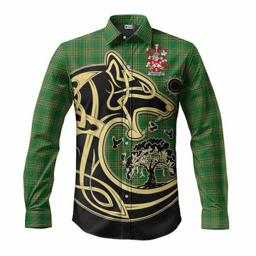 Tartan Vibes Clothing Nicholls Irish Tartan Long Sleeve Button Shirt with Coat of Arms Celtic Wolf Style