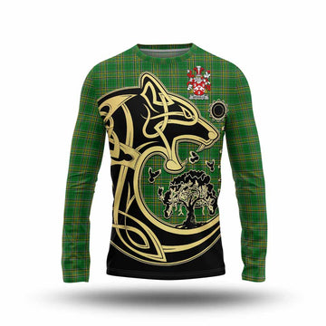 Tartan Vibes Clothing Nicholls Irish Tartan Long Sleeve T-Shirt with Coat of Arms Celtic Wolf Style