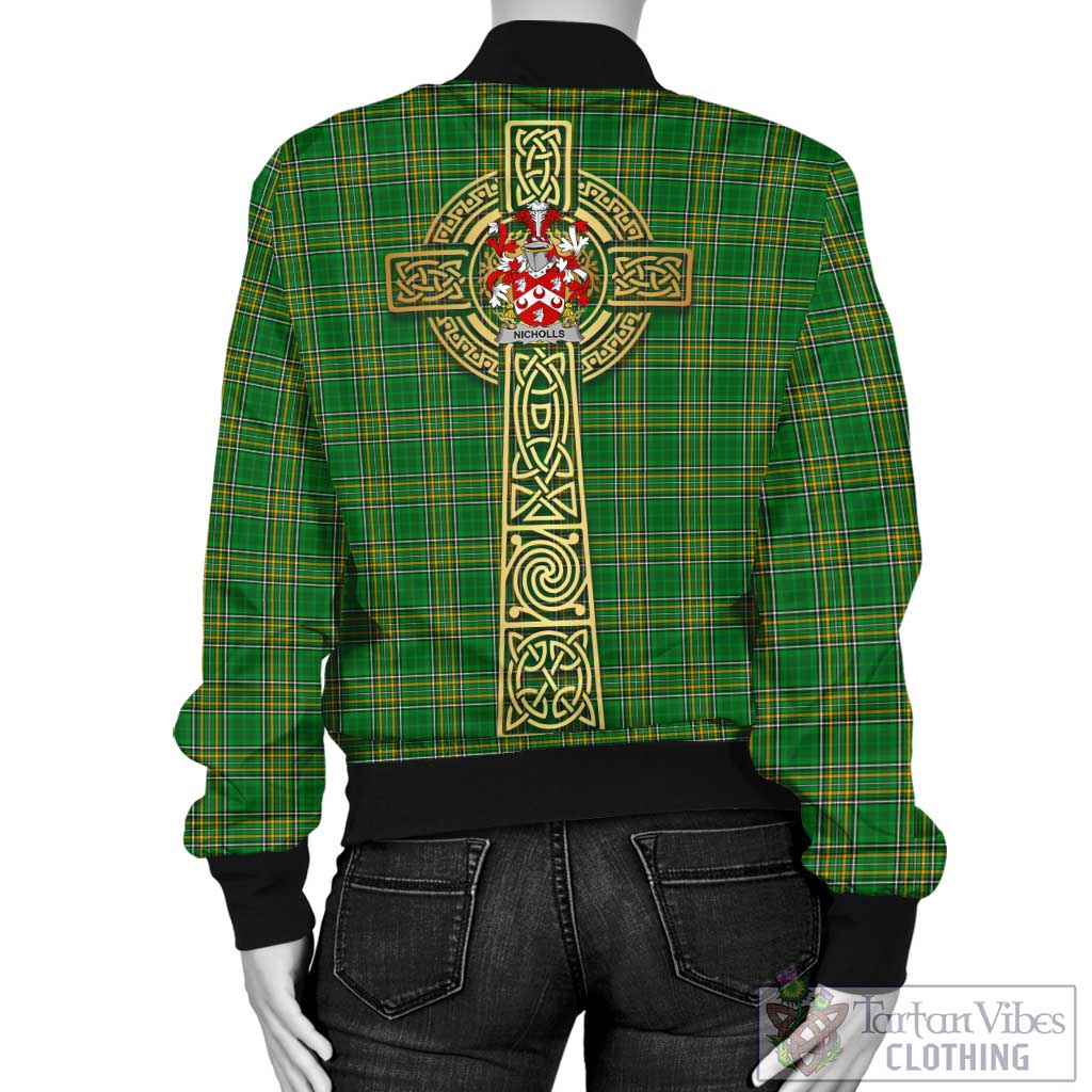 Tartan Vibes Clothing Nicholls Irish Clan Tartan Bomber Jacket with Coat of Arms Celtic Tree of Life Style