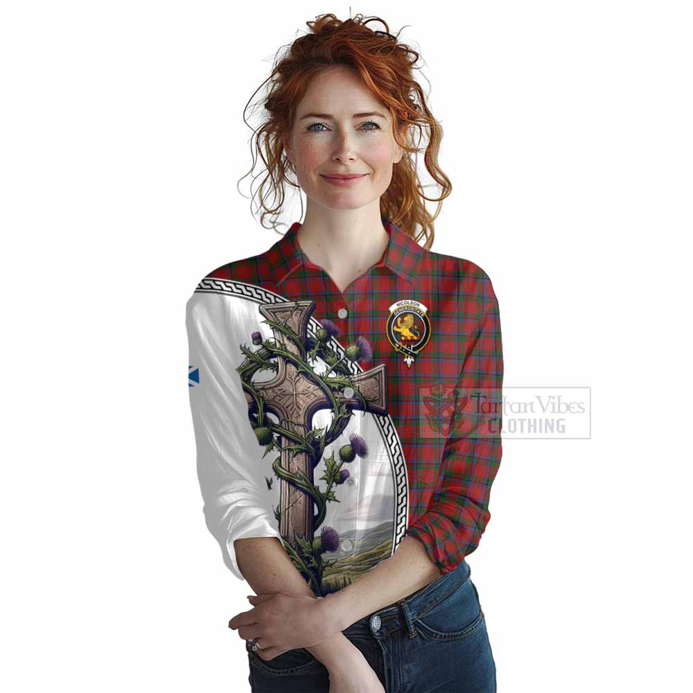 Tartan Vibes Clothing Nicolson Tartan Women's Casual Shirt with Family Crest and St. Andrew's Cross Accented by Thistle Vines