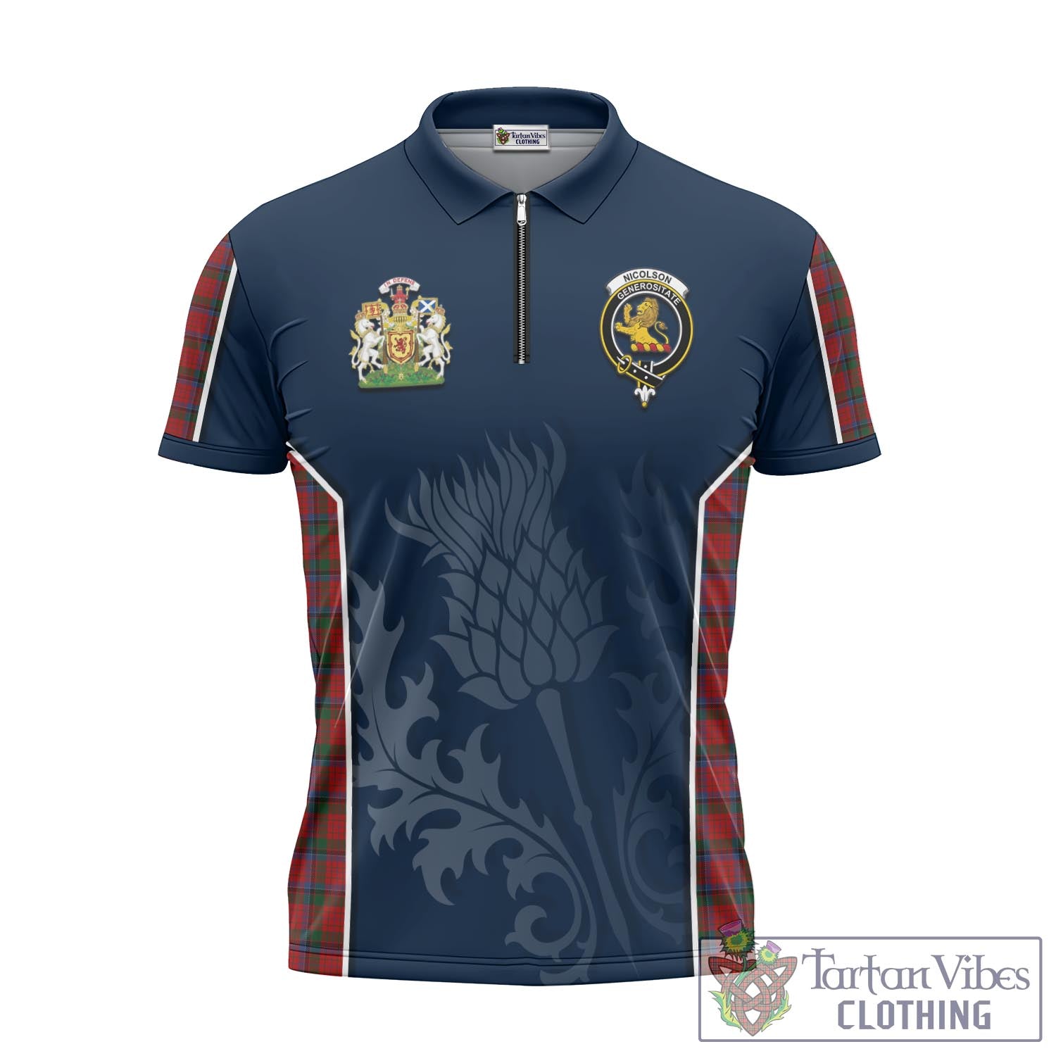 Tartan Vibes Clothing Nicolson Tartan Zipper Polo Shirt with Family Crest and Scottish Thistle Vibes Sport Style