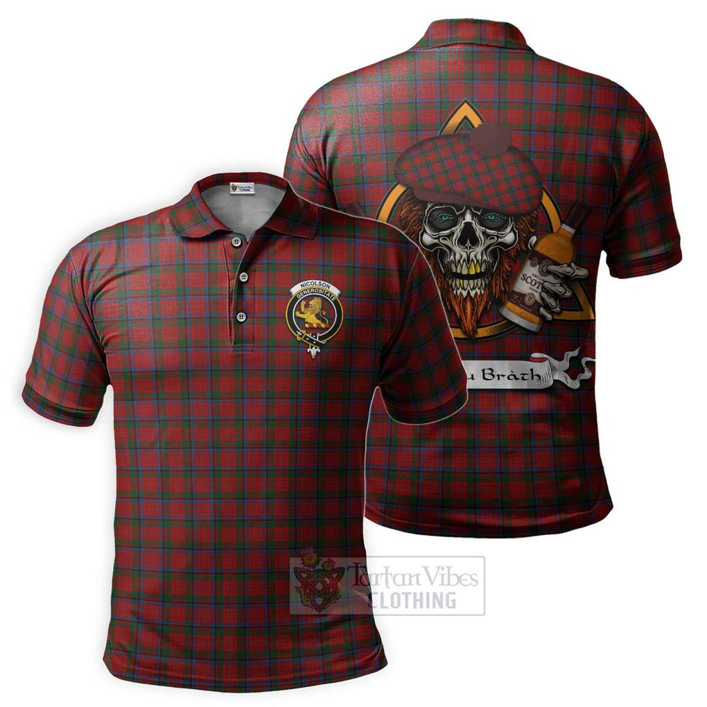 Tartan Vibes Clothing Nicolson Tartan Polo Shirt with Family Crest and Bearded Skull Holding Bottles of Whiskey