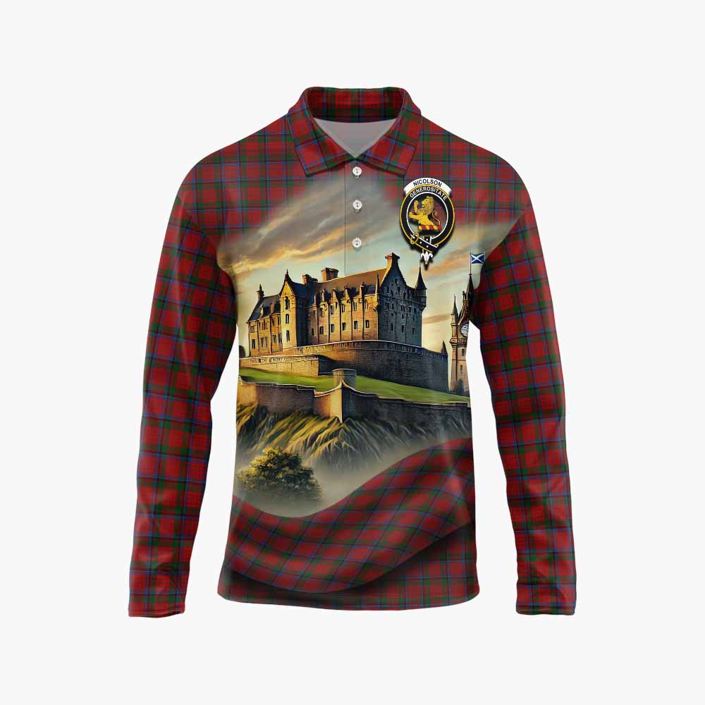 Tartan Vibes Clothing Nicolson Tartan Family Crest Long Sleeve Polo Shirt with Scottish Ancient Castle Style