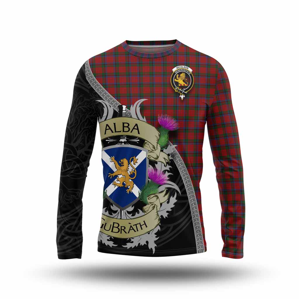 Tartan Vibes Clothing Nicolson Tartan Family Crest Long Sleeve T-Shirt Lion Rampant Royal Thistle Shield Celtic Inspired