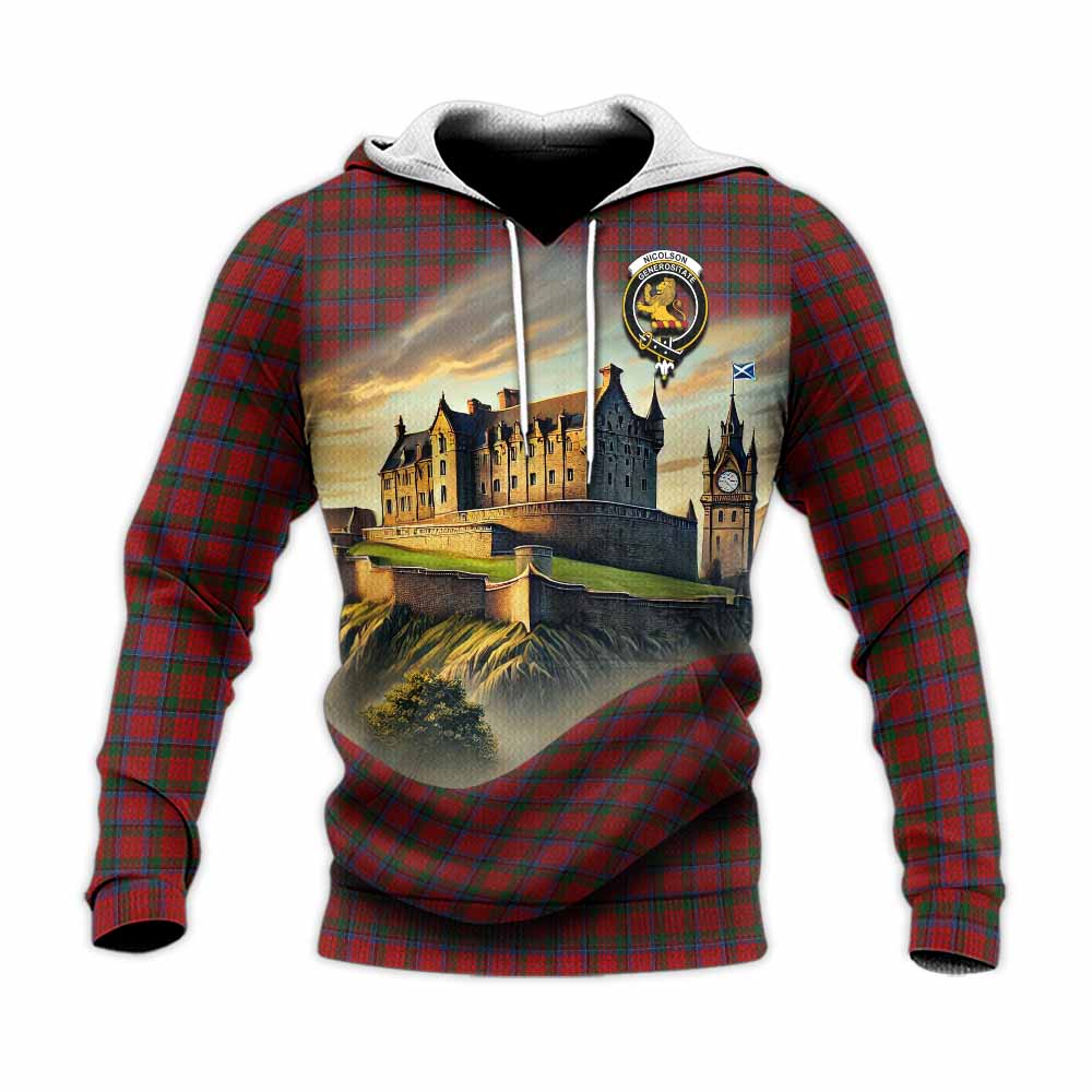 Tartan Vibes Clothing Nicolson Tartan Family Crest Knitted Hoodie with Scottish Ancient Castle Style