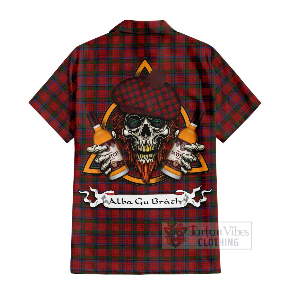 Tartan Vibes Clothing Nicolson Tartan Short Sleeve Button Shirt with Family Crest and Bearded Skull Holding Bottles of Whiskey