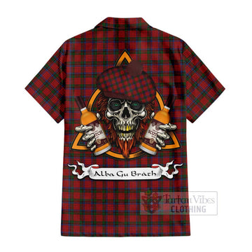 Tartan Vibes Clothing Nicolson Tartan Short Sleeve Button Shirt with Family Crest and Bearded Skull Holding Bottles of Whiskey