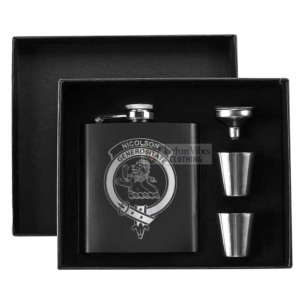 Tartan Vibes Clothing Nicolson Crest Hip Flask Set 7oz Black Stainless Steel with A Gift Box
