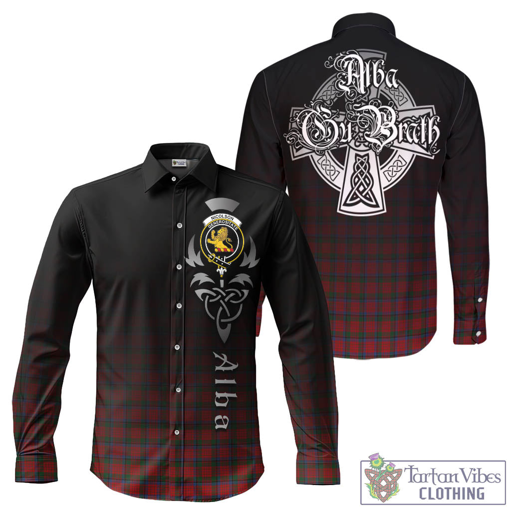 Tartan Vibes Clothing Nicolson Tartan Long Sleeve Button Up Featuring Alba Gu Brath Family Crest Celtic Inspired