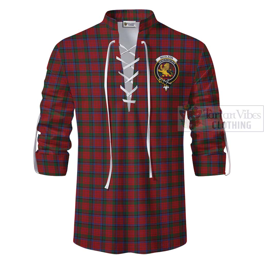 Tartan Vibes Clothing Nicolson Tartan Ghillie Kilt Shirt with Family Crest and Bearded Skull Holding Bottles of Whiskey